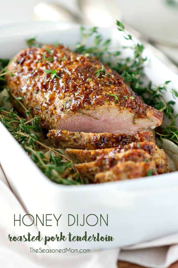 You only need 5 ingredients and about 5 minutes to prepare this tender, juicy, and healthy Honey Dijon Roasted Pork Tenderloin! It might look like a fancy holiday meal, but this clean eating dinner is about to become your go-to weeknight special!