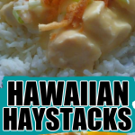 A plate of food with rice and vegetables, with Chicken and Hawaiian haystack