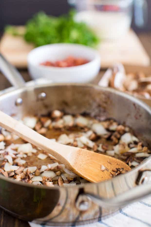 Mushrooms fried in pan for SPAGHETTI CARBONARA recipe