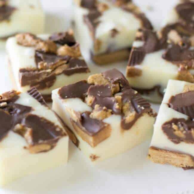 feature WHITE CHOCOLATE REESE’S PEANUT BUTTER CUP FUDGE BITES