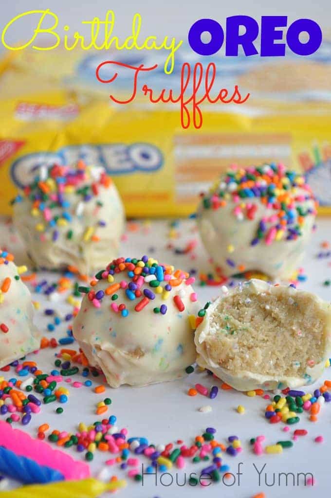 Simple three ingredient, no bake, truffles made with Birthday cake stuffed Oreos and dipped in Birthday cake flavored candy melts.