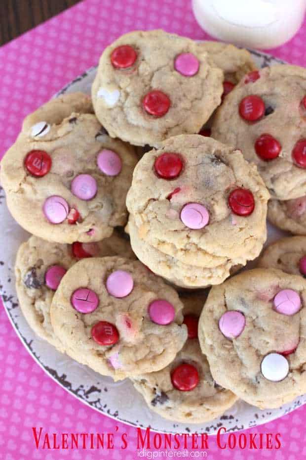 Share some Valentine’s Monster Cookies with those you care about to celebrate Love Day! These soft, chocolate-y cookies are loaded with goodness!