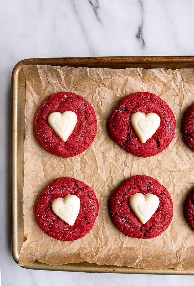 Small batch sugar cookies: red velvet sugar cookies with hearts for Valentine's Day