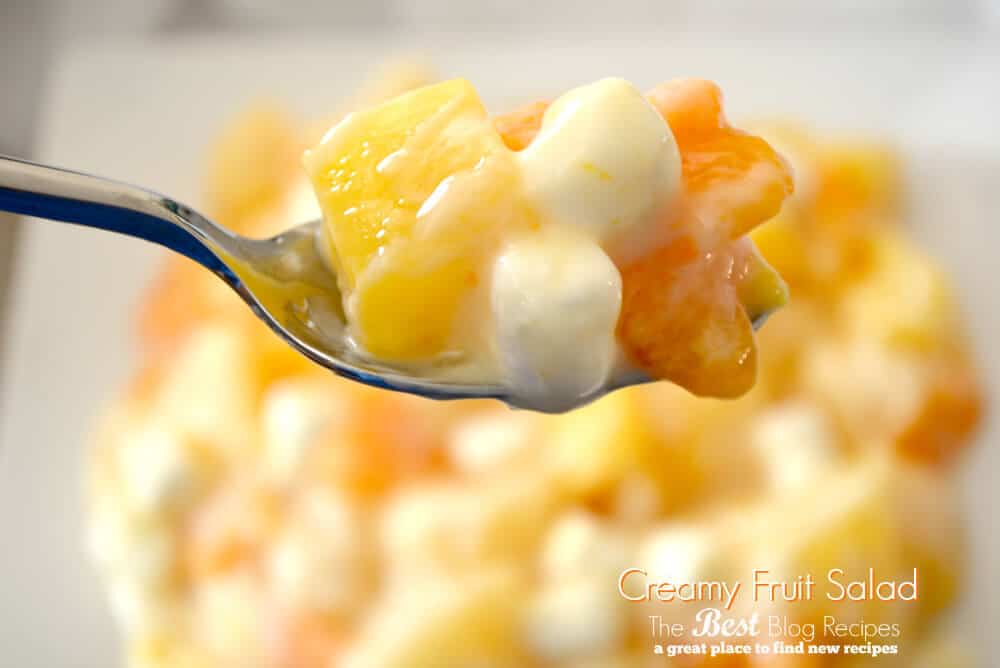 Creamy Fruit Salad w/ vanilla yogurt and mini marshmallows | thebestblogrecipes.com #dessert #fruit #salad 