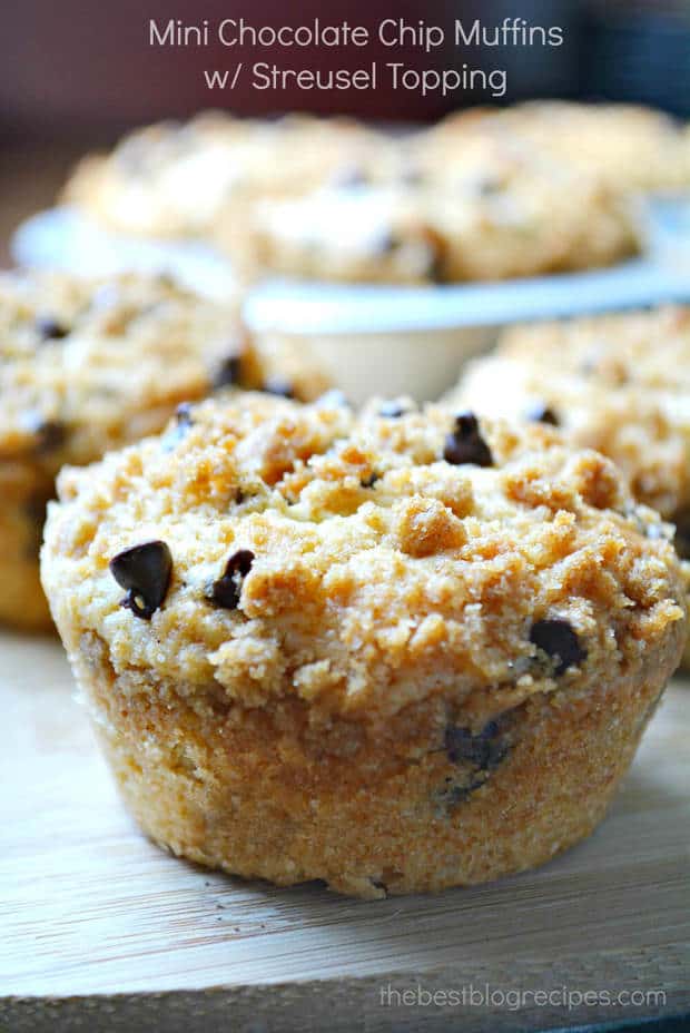 {Mini} Chocolate Chip Muffins w Streusel Topping from thebestblogrecipes.com #dessert #muffins #chocolate