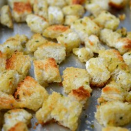 A close up of food, with Crouton