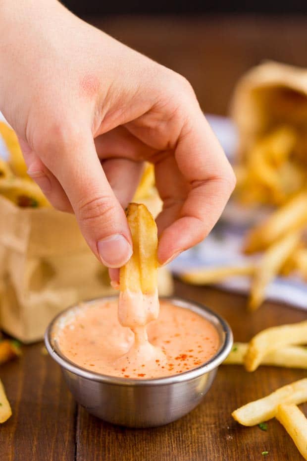 Dipping fries in homemade fry sauce