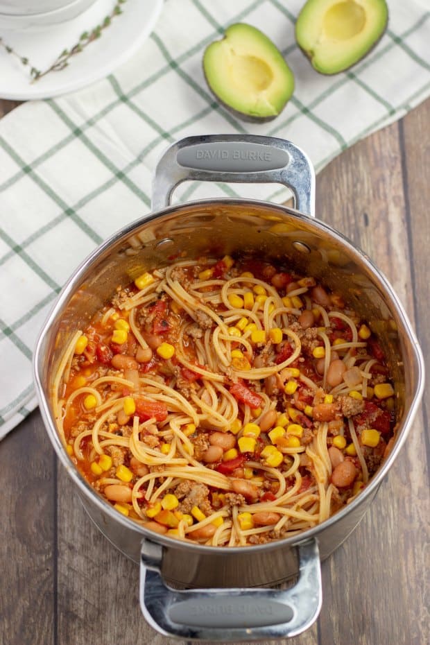 Overhead Shot of Pot of Mexican Spaghetti