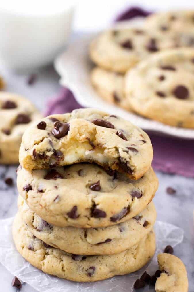 Super soft chocolate chip cookies filled with a cheesecake surprise!