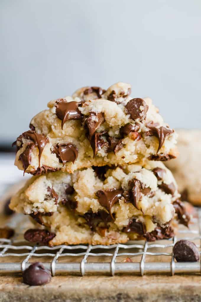 Thick Chocolate Chip Cookies!  These cookies are nice and golden on the outside and soft and gooey on the inside. Loaded up with tons of melted chocolate. The best part is the size. These cookies are thick and hearty!
