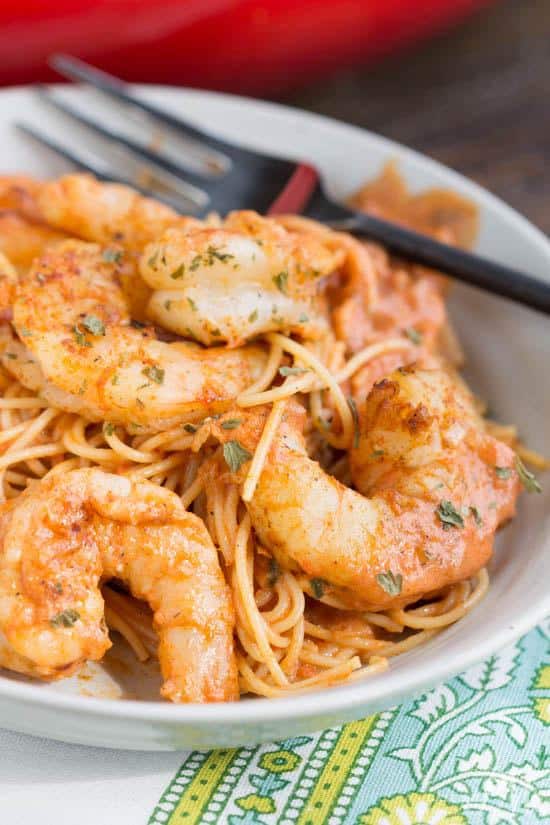 his recipe has an ideal combination of flavors from hot and spicy to tangy and creamy. It also has a nice balance of contrasting textures from the firm shrimp to the soft pasta. And, if that’s not enough to win you over, maybe this will, it can be ready to eat and on your table in less than 30 minutes!