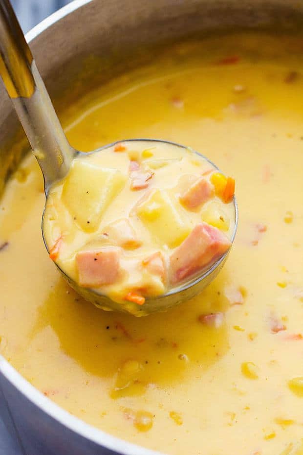 This hearty and delicious soup is full of ham, potatoes, and veggies.  The real cheddar cheese inside adds such amazing flavor to this comforting soup!  It became an instant favorite at our house!
