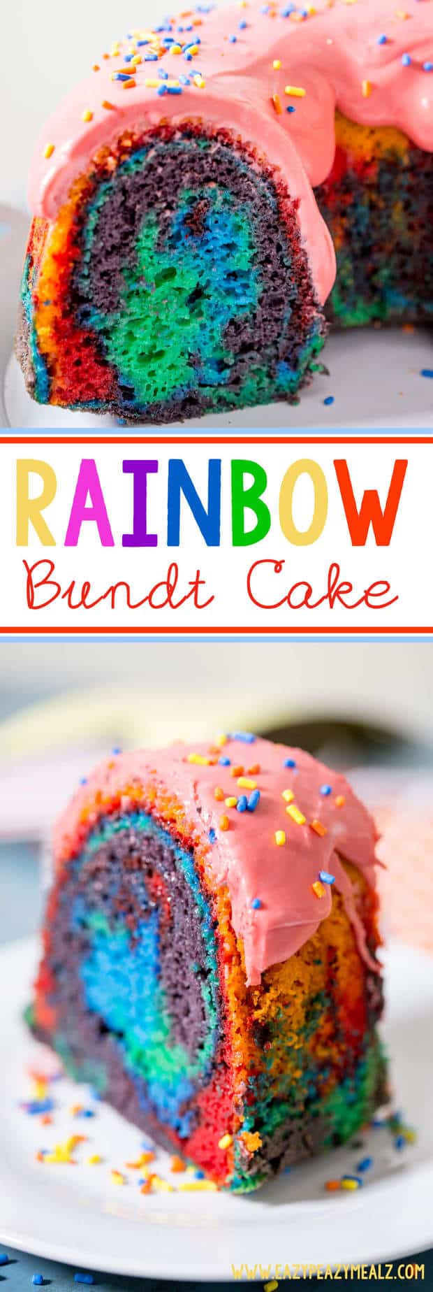 Rainbow Bundt Cake -- A classic vanilla bundt cake amped up into rainbow colored fun with a raspberry glaze and sprinkles! Perfect for St. Patrick’s Day or a party