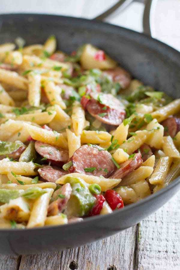 Short on time? This Skillet Pasta with Sausage is made in one pan and is ready in no time at all.
