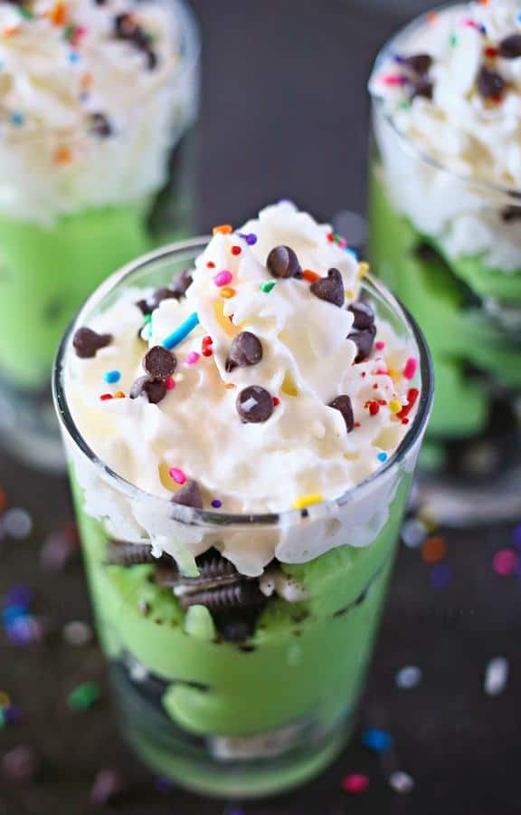 If you are having a St. Patrick’s Day party – these would be so much fun. The little addition of the whipped cream looks like clouds & then the rainbow sprinkles are just the perfect finishing touch.