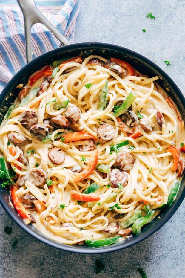 Creamy Cajun Sausage Linguine is a creamy 30 minute pasta recipe that’s going to become a family favourite! Not too heavy on the cheese but still super creamy!