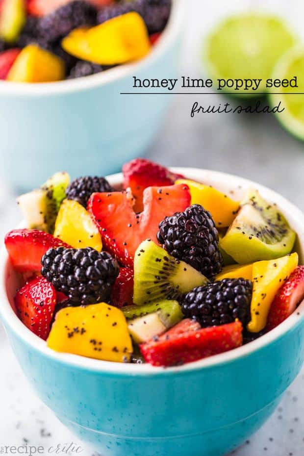 A delicious and bright fruit salad made with fresh fruit and a delicious honey lime poppy seed glaze to go on top!