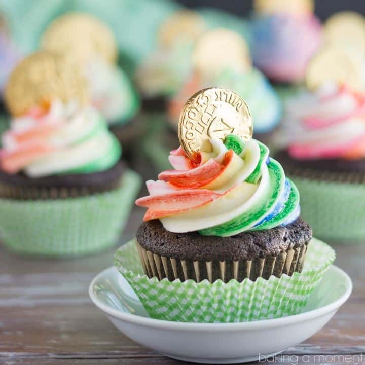 Make these Pot of Gold Cupcakes for your whole crew this St. Patrick’s Day!  They’ll love the Rich, Dark Chocolate Cake with the Rainbow Striped Frosting, and the Gold Coin on top is such a fun touch!
