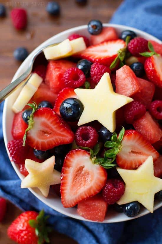 This red, white and blue fruit salad is perfect for summer picnics and celebrations! It’s a festive and fresh combination of fruit drizzled with a touch of honey citrus dressing.