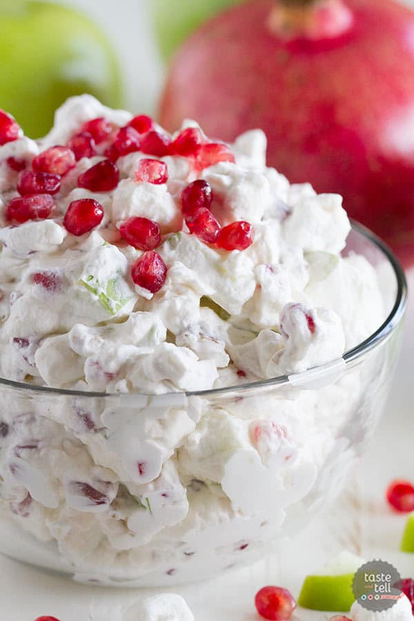 Jazz up that fruit salad recipe with this Apple Pomegranate Salad that has sweetened whipped cream with apples, marshmallows, and lots of fresh pomegranate seeds.