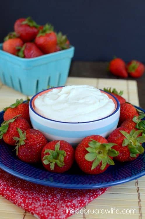 Looking for a sweet and tropical dip for all the fruit you will be eating this summer?  This Coconut Cream Fruit Dip is great for dipping or for stirring fruit into.  Bring it to any picnic or party and be prepared to hand out the recipe because it is that good.