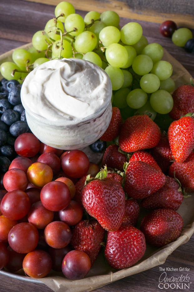 This fruit dip with cream cheese is lightly sweet and a little fluffy, making it the perfect vehicle to complement any summer fruit.