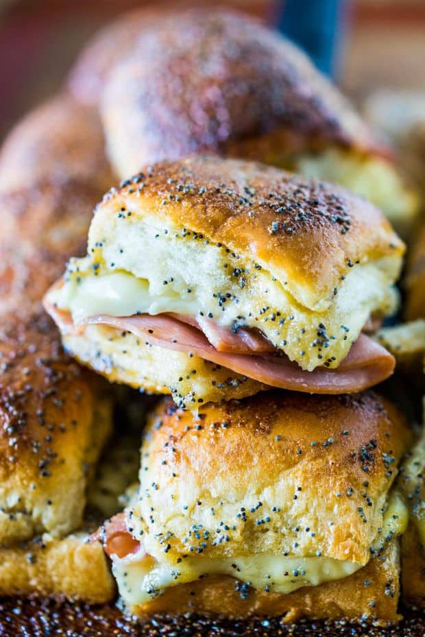 Sweet Ham and Swiss Sliders are a perfect party food and can be baked whenever you are ready to eat, so they're always hot and melty for your guest!