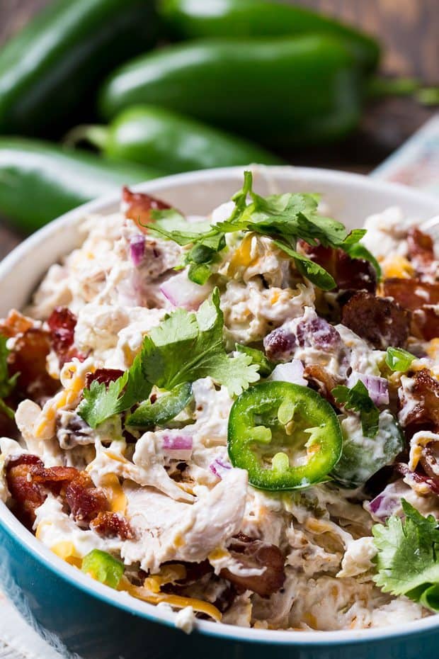  Jalapeno Popper Chicken Salad is super creamy with lots of jalapenos, cheddar cheese, and bacon. This is a chicken salad for people who love bold, spicy flavor.