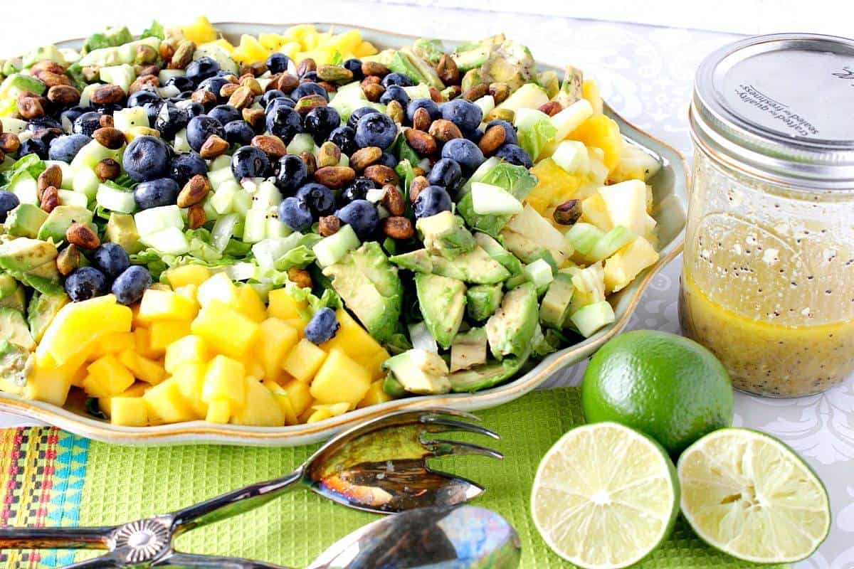 Heart Healthy Avocado Mango Salad With Lime Poppy Seed Vinaigrette is a brightly flavored and satisfying salad. It makes a delicious dinner all by itself. Or for some added protein add a little cooked chicken breast or turkey. Your call. Your salad.