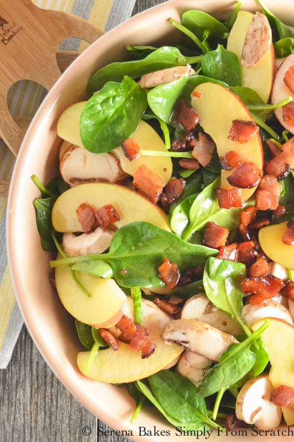Fuji Apple Spinach Bacon Salad With Creamy Honey Mustard Vinaigrette makes a fun side or light lunch, and is perfect to bring to your next BBQ or Potluck!