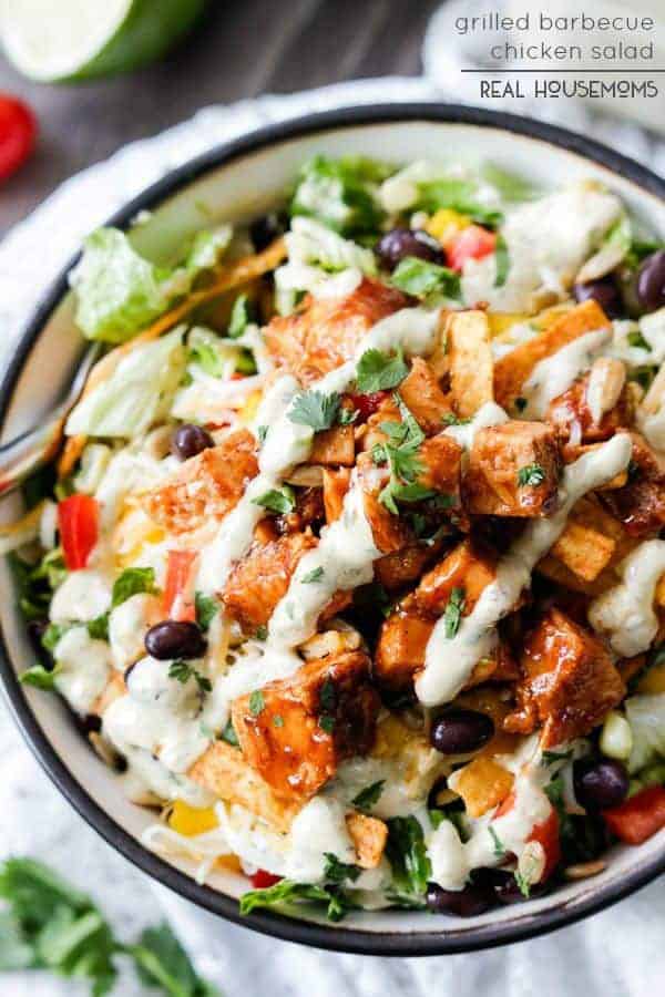 Grilled Barbecue Chicken Salad with Avocado Ranch Dressing is packed with crunchy veggies, crispy tortilla strips, tender barbecue chicken and the most intoxicating dressing EVER!  Better than your favorite restaurant salad at a fraction of the cost, but with ALL the flavor… And then some!