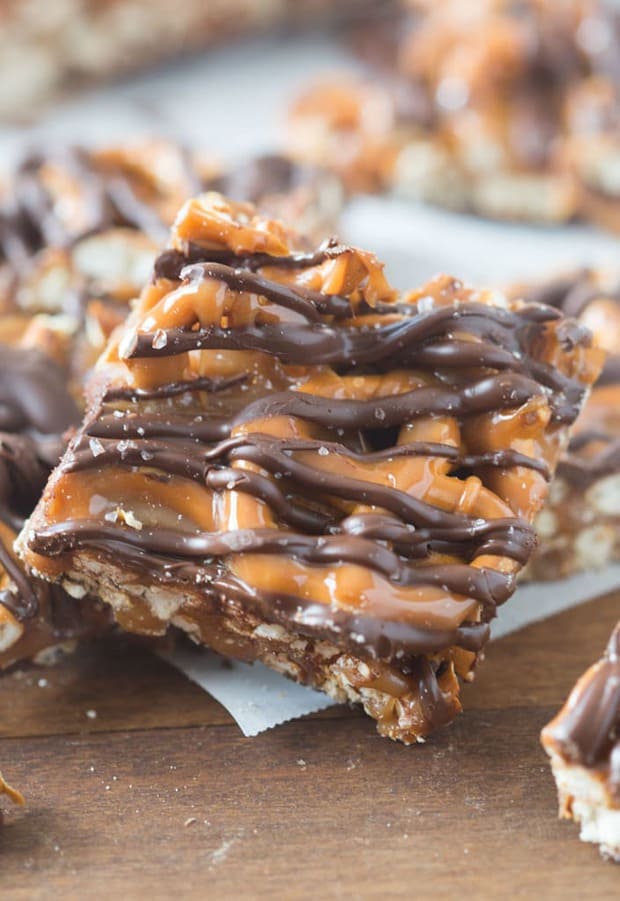 These simple, 4-ingredient Salted Chocolate Caramel Pretzel Bars will quickly become your new favorite sweet and salty treat!  No bake and no candy thermometer needed.