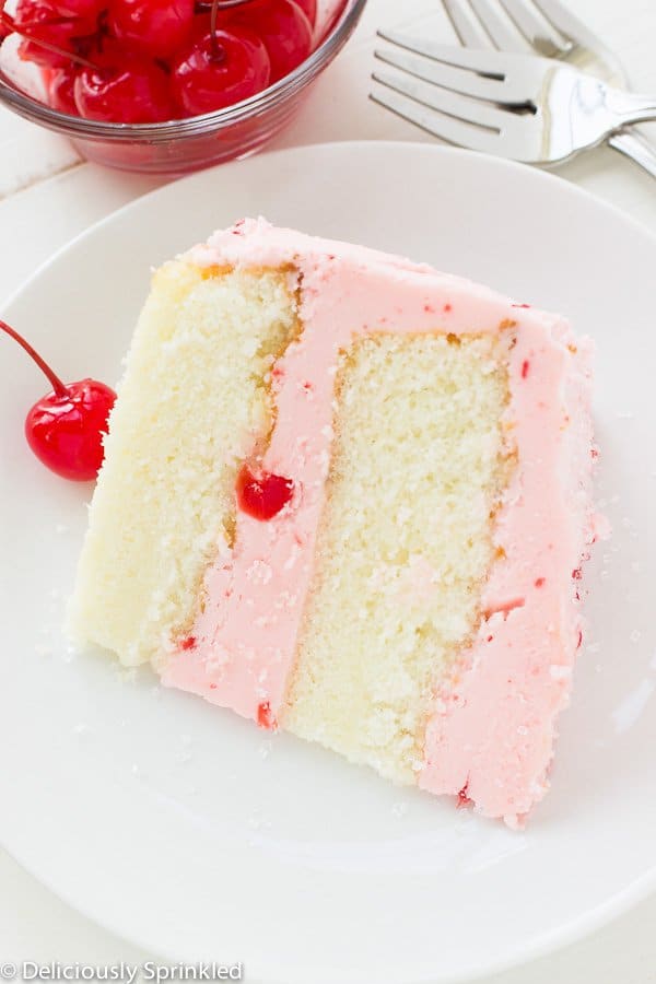 Cherry Almond Cake– This light and fluffy almond cake topped with maraschino cherry buttercream frosting is the perfect cake for any celebration!
