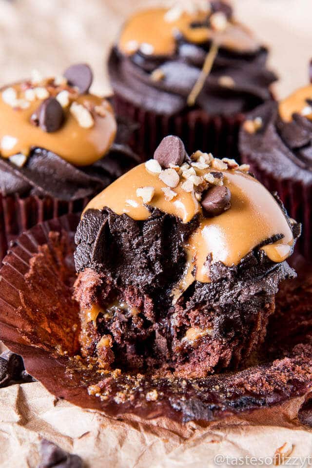 Chocolate Caramel Turtle Cupcakes have creamy caramel, chocolate chips and pecans on the inside and are topped with chocolate buttercream. They have an unbeatable fudgy, brownie-like flavor and texture.