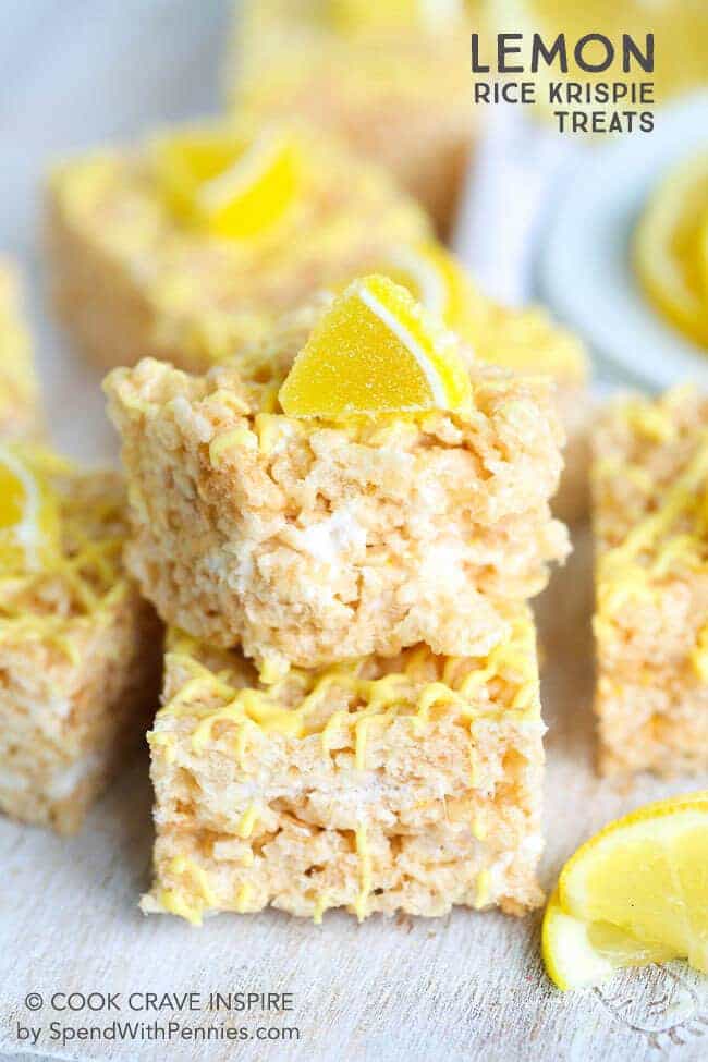 Lemon Rice Krispie Treats are an amazing treat for spring.. or summer… or even to add a little sunshine to a cool winter day! They are delicious, easy to prepare and give a classic treat a fantastic fresh citrusy spin!