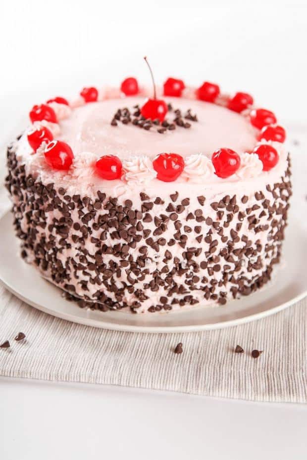 Cherry Chocolate Chip Cake: Super moist cherry cake studded with tons of mini chocolate chips. Tastes like a chocolate covered cherry in cake form!