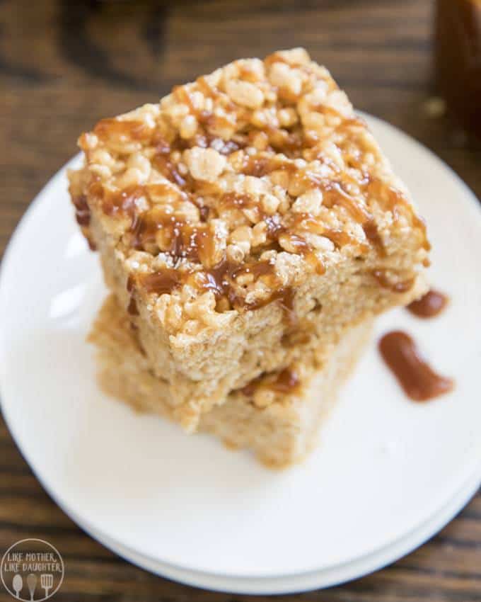 Salted Caramel Rice Krispie Treats are classic rice krispie treats made even better with the delicious addition of a rich homemade salted caramel sauce!