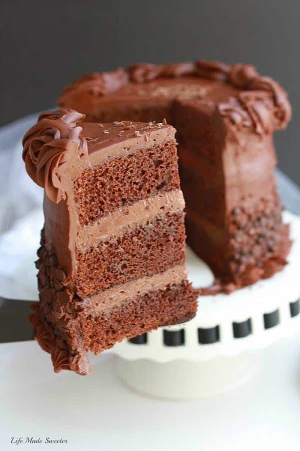 Triple Chocolate Layer Cake with the best easy milk chocolate frosting & partially covered with mini chocolate chips. Perfect for birthdays or any other special occasion.