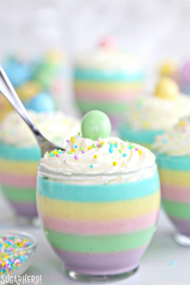ooking for an easy spring dessert? These Pastel Rainbow Gelatin Cups are simple, kid-friendly, and so beautiful! Serve them plain, or top them with whipped cream and sprinkles!