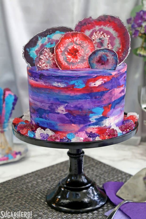 This Agate Cake features gorgeous, EDIBLE candy agate slices on top of a watercolor buttercream cake! It’s a special occasion cake for birthdays, showers, or any time you need a dessert that’s really a show piece!