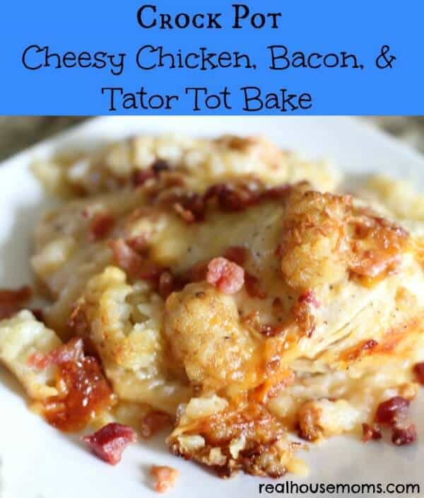 This Crock Pot Cheesy Chicken, Bacon, & Tater Tot Bake recipe from Real Housemoms is a delicious and super easy meal to put together that your whole family will really love! It's cheesy, bacon-y, and the Crock Pot does all of the hard work for you.
