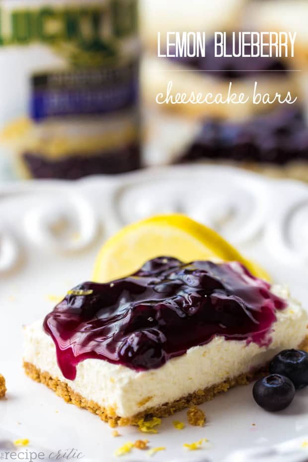 Delicious and creamy lemon no bake cheesecake bars with Lucky Leaf Blueberry topping!