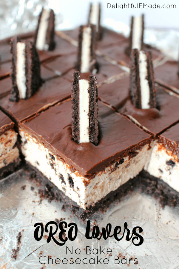 The ultimate dessert for anyone that loves OREO cookies!  A thick OREO crust, creamy OREO no-bake cheesecake filling, and topped with a delicious layer of chocolate.  This easy, no-bake dessert is perfect for just about any occasion!