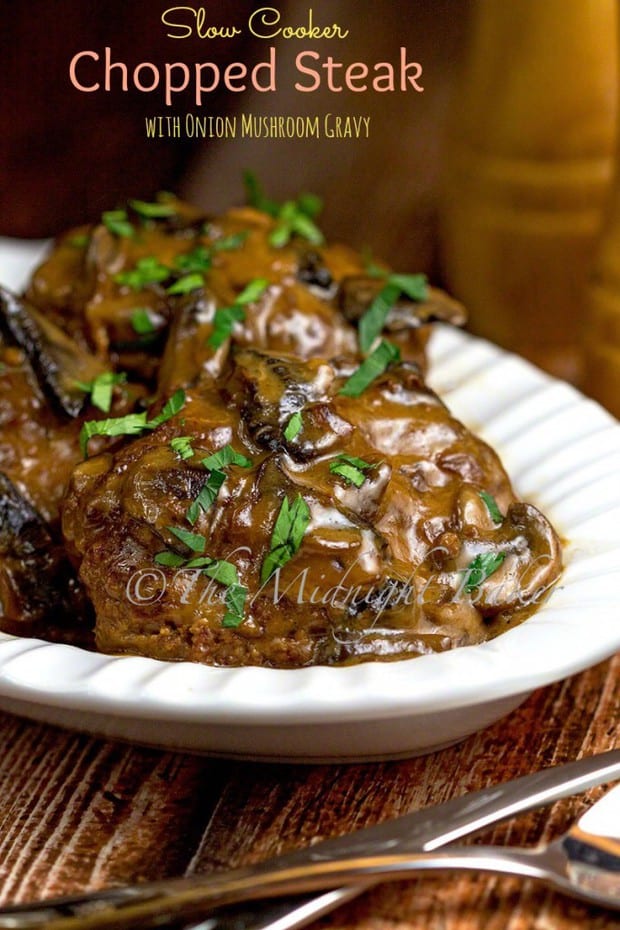 This Slow Cooker Chopped Steak with Onion Mushroom Gravy is an excellent weekday ground beef dinner reminiscent of salisbury steak, but much easier. Your family will love it!