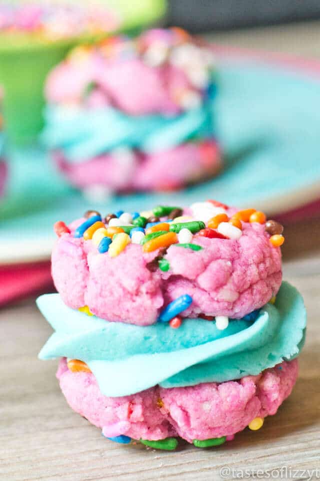 Funfetti Cake Mix Sandwich Cookies are simply made with a boxed cake mix, then filled with buttercream frosting. Perfect for birthdays, parties and celebrations!