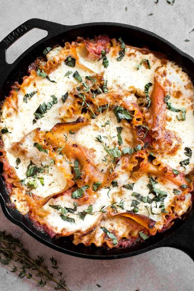This vegetarian caprese skillet lasagna recipe is a delicious lighter take on lasagna. It’s really easy and all cooked right in the skillet!