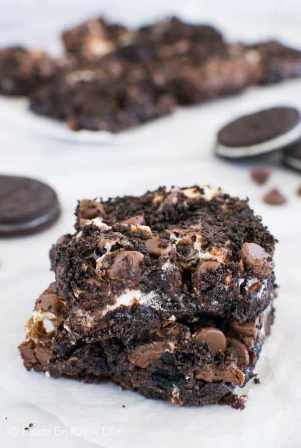 These gooey Oreo Marshmallow Brownies are loaded with cookie chunks and marshmallow fluff. Three times the chocolate goodness makes these brownies disappear in a hurry.