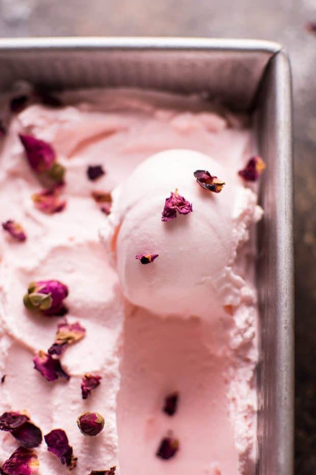 This rose ice cream is a delicious treat that’s delicately flavored with rose water and vanilla. A simple recipe that can easily be made in your ice cream maker.