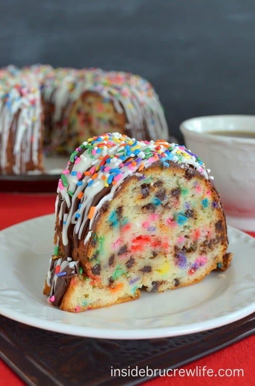 This White Chocolate Funfetti Chip Cake is an impressive dessert for any picnic or party.  Cake with sprinkles and chocolate on top and inside is sure to have you coming back for more.