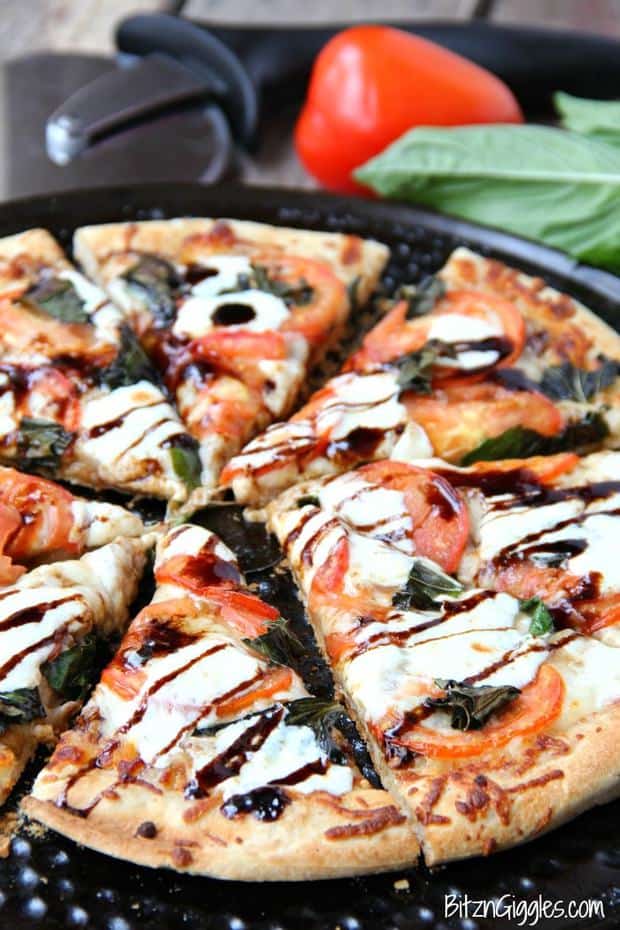 The fresh ingredients MAKE this pizza. The balsamic glaze adds a little bit of sweetness, and the thin crust gives the pizza such a nice crunch. I’ve been known to make this pizza for lunch during the week when I’m pressed for time. Even though it uses fresh ingredients, the prep time is quick!